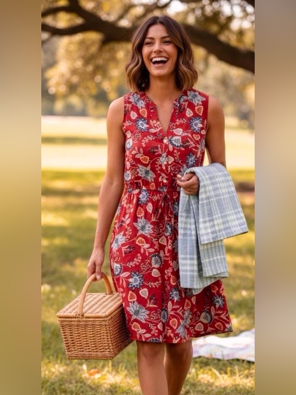 St John’s Bay Sleeveless Red Floral Summer Knee Length Dress - size Medium